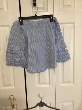 Blue White Striped Off-Shoulder Shirt with Pearl Sleeve Detail